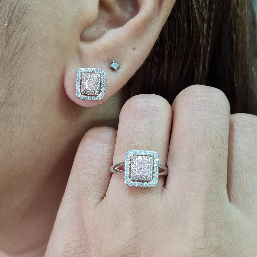 Rare Fancy Pink Diamonds Cushion Halo Diamond Jewelry Set 14K