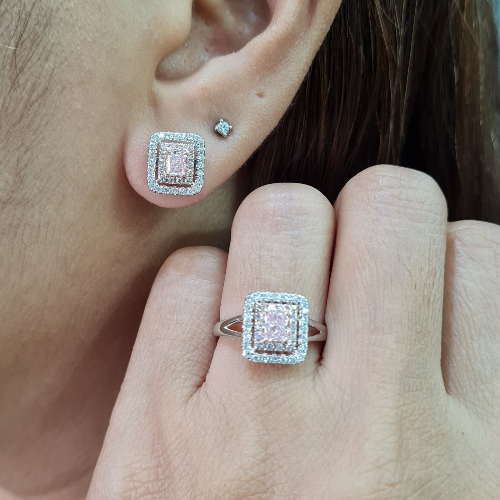 Rare Fancy Pink Diamonds Cushion Halo Diamond Jewelry Set 14K