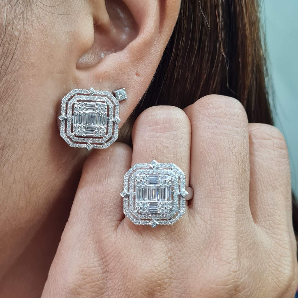 Classic Square Double Halo Statement Diamond Jewelry Set 14K