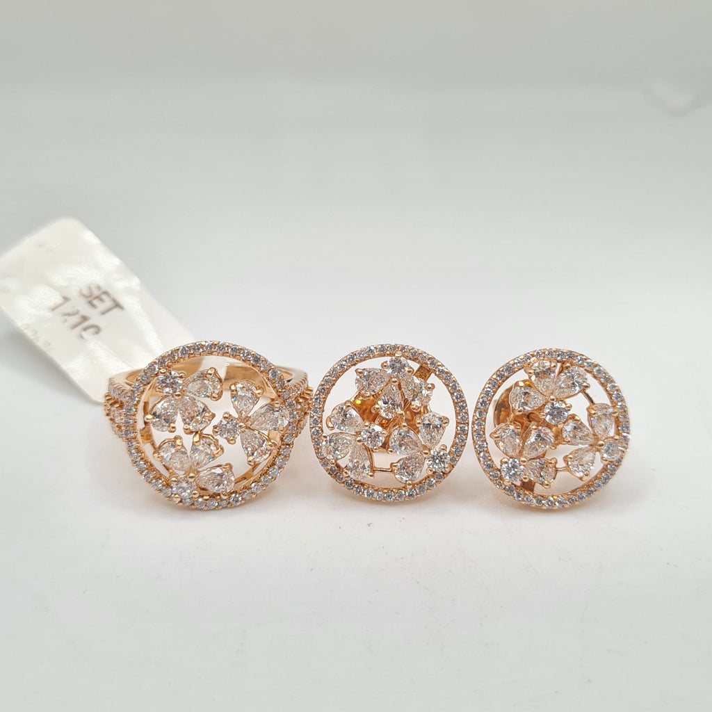 Rosegold Round Halo Pear Cluster Diamond Jewelry Set 18K