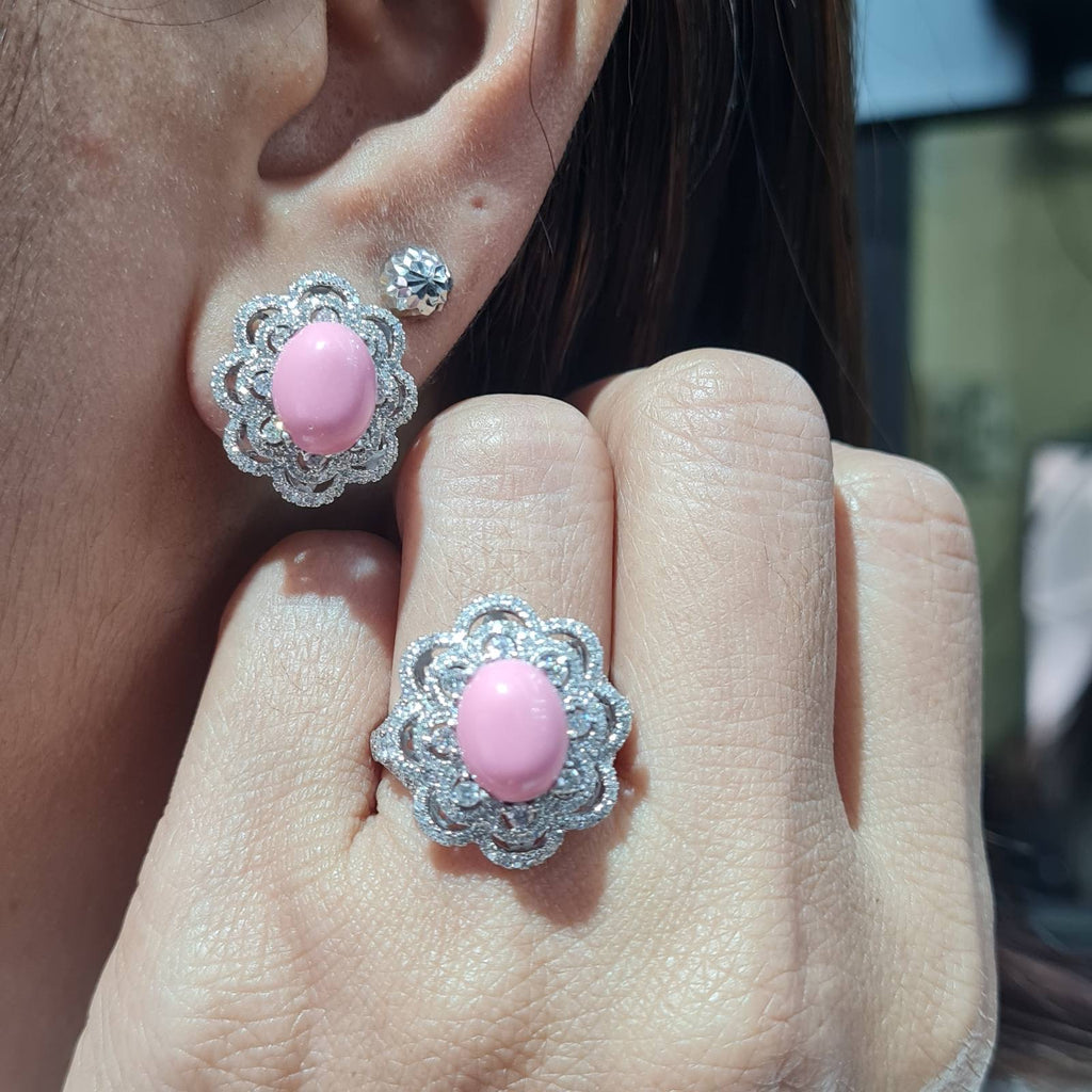 Pink Opal Gemstones Floral Paved Diamond Jewelry Set 14K