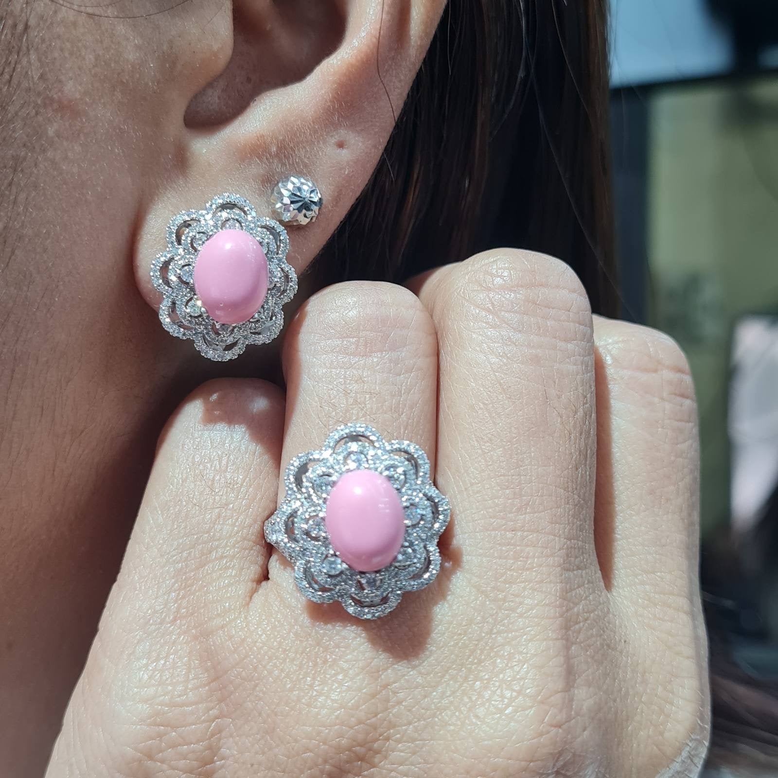 Pink Opal Gemstones Floral Paved Diamond Jewelry Set 14K