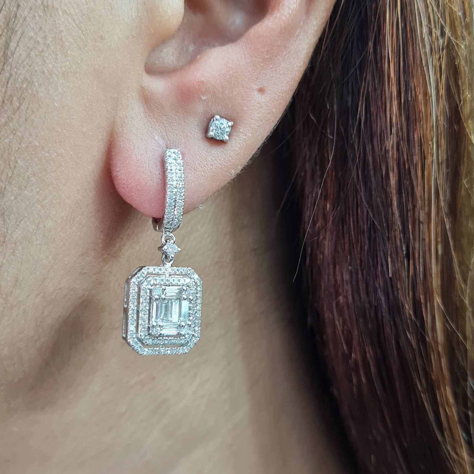 Classic Emerald Halo Drop Diamond Earrings 14K