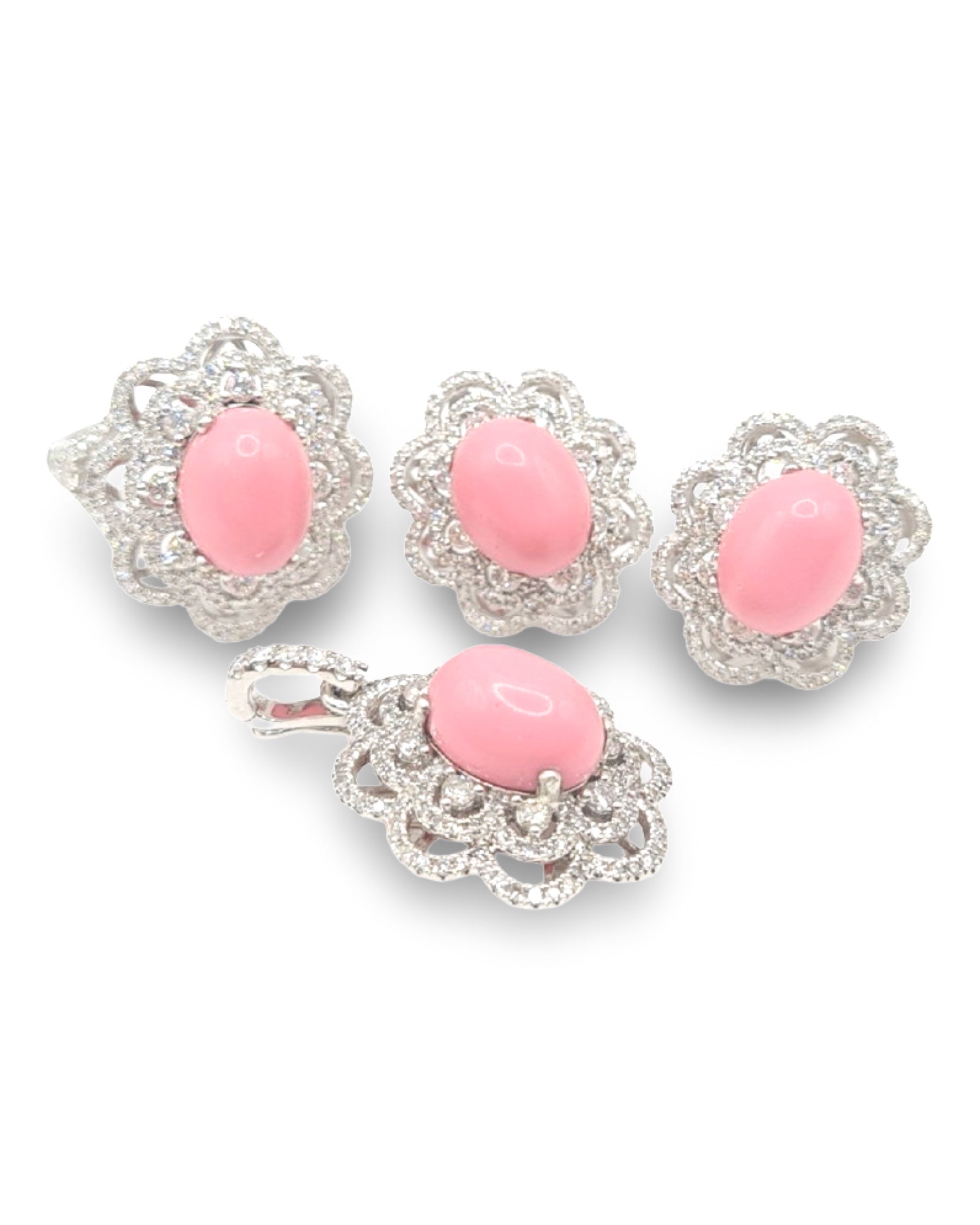 Pink Opal Gemstones Floral Paved Diamond Jewelry Set 14K