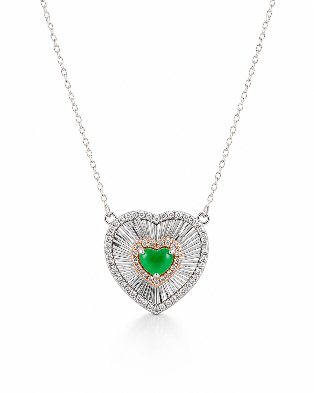 Classic Heart Center Jade Gemstone Diamond Necklace 14K