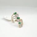 X Green Emerald Gemstones Baguette Wrap Statement Diamond Ring 18K