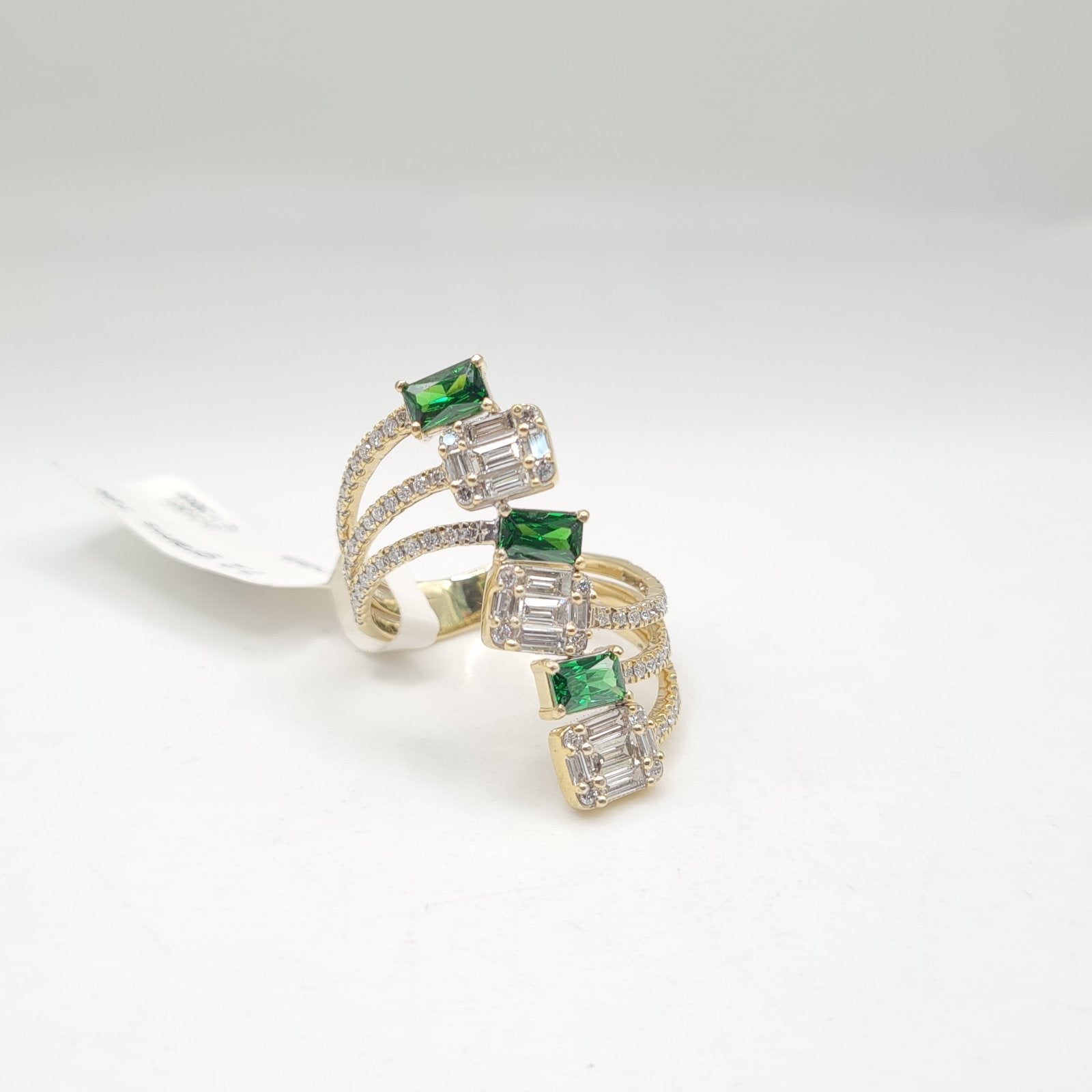 X Green Emerald Gemstones Baguette Wrap Statement Diamond Ring 18K
