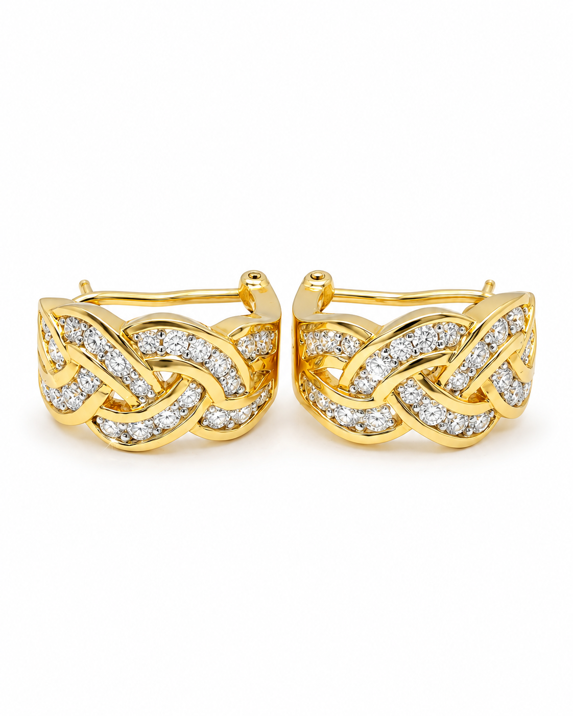 Crossover Round Golden Hoop Diamond Earrings 14K