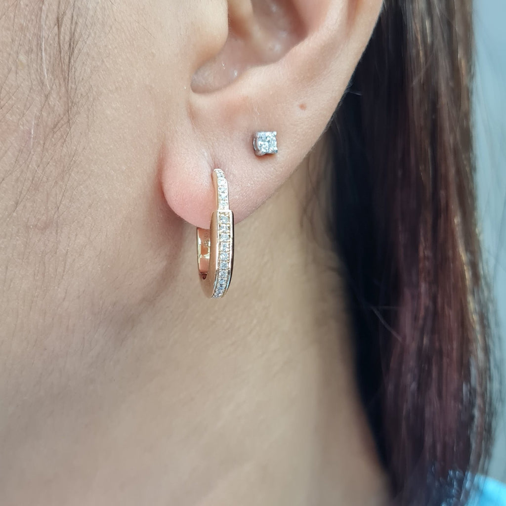 Classic Golden Deco Lock Hoop Diamond Earrings 14K