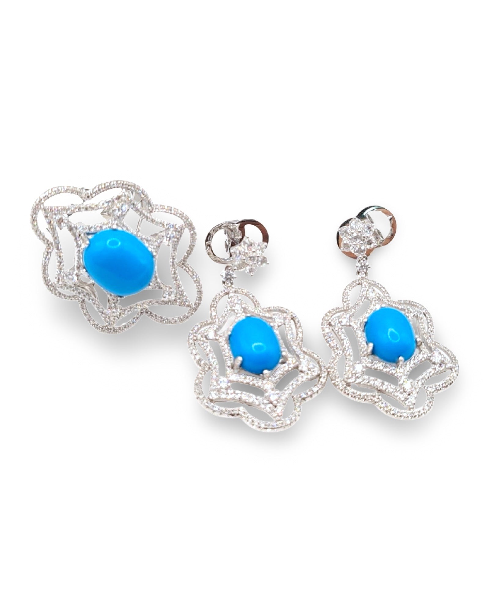 Turquoise Gemstones Floral Deco Dangling Diamond Jewelry Set 14K
