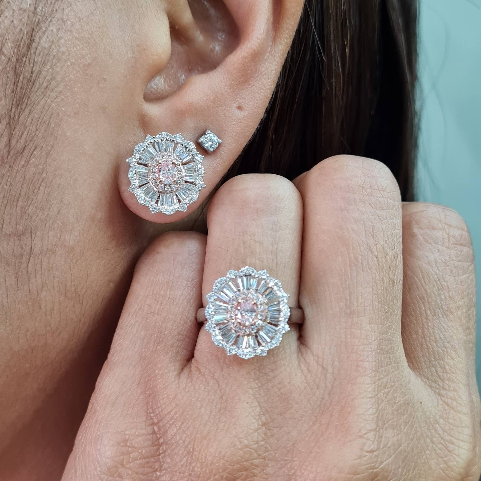 Two Tone Fancy Pink Diamond Oval Baguette Diamond Jewelry Set 14K