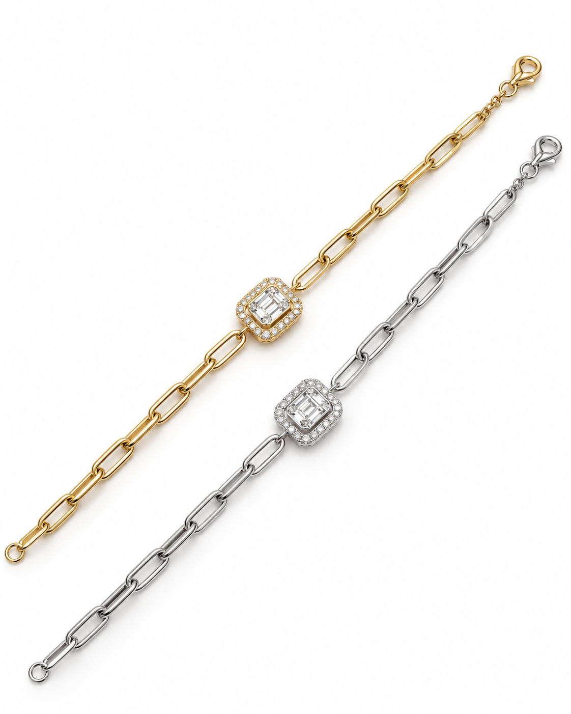 Classic Emerald Baguette Center Diamond Paper Clip Chain Bracelet 14K