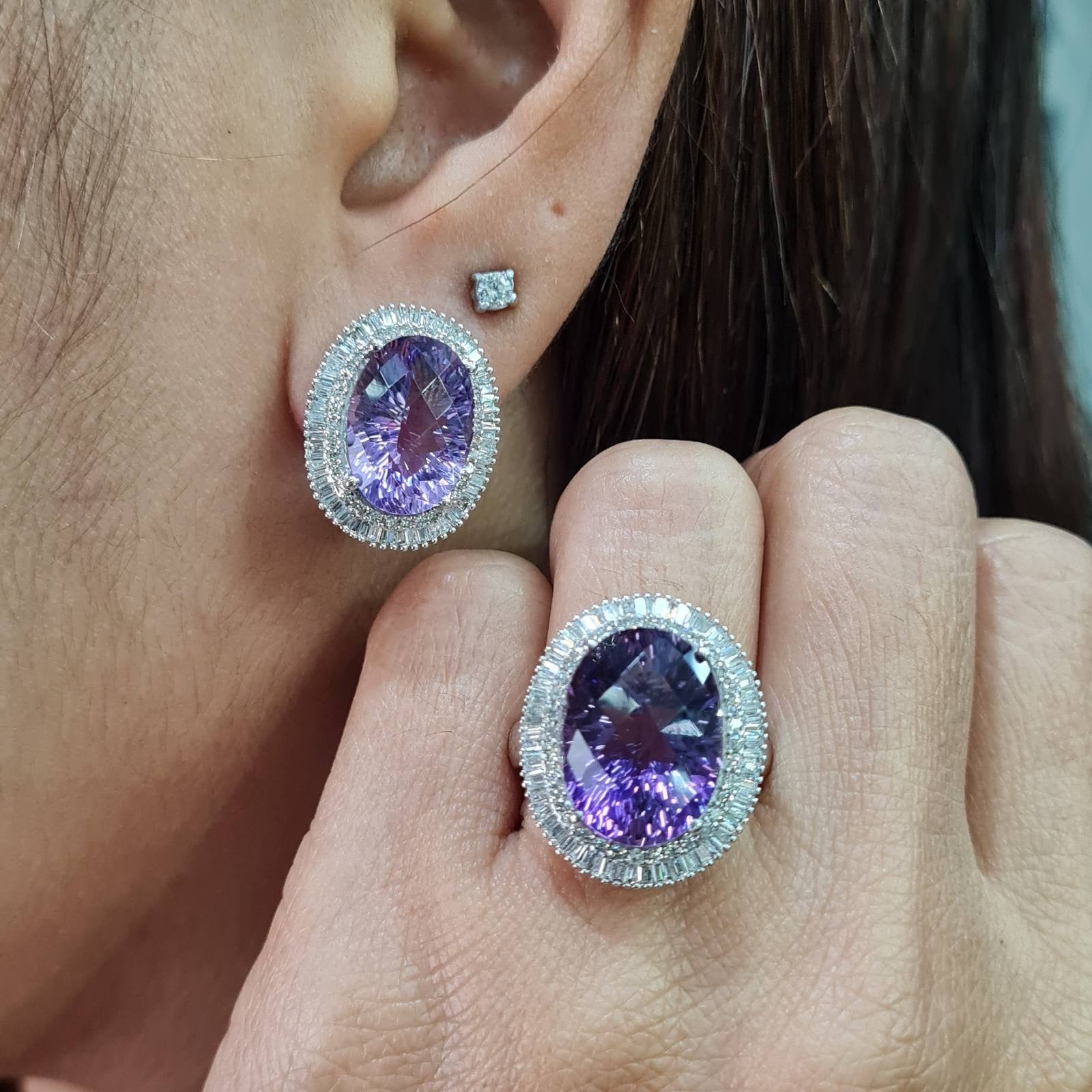 Amethyst Gemstones Oval Statement Diamond Jewelry Set 18K