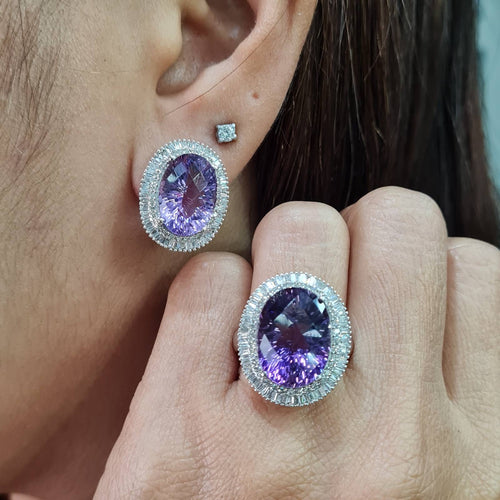 Amethyst Gemstones Oval Statement Diamond Jewelry Set 18K