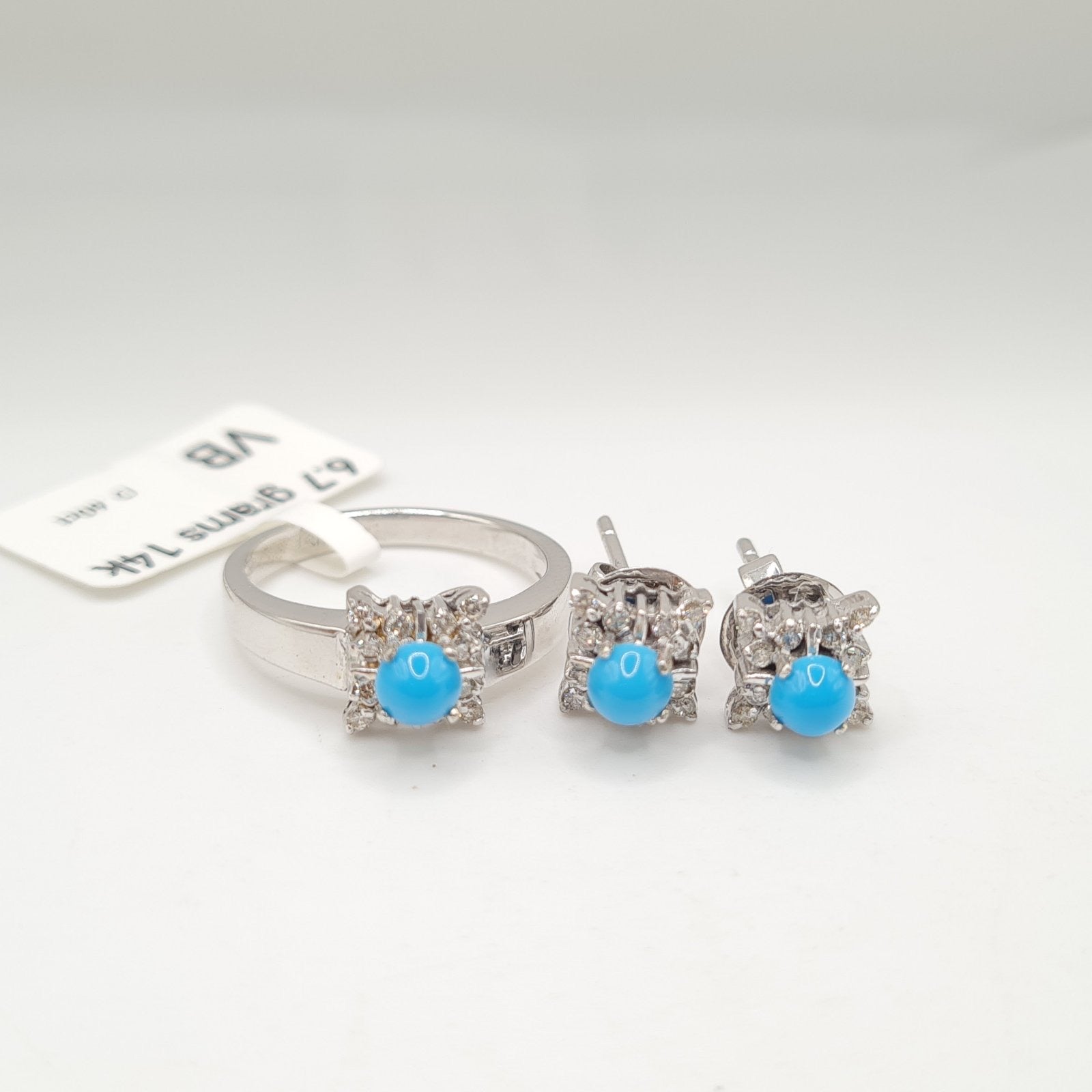 Turquoise Gemstones Round Diamond Jewelry Set 14K