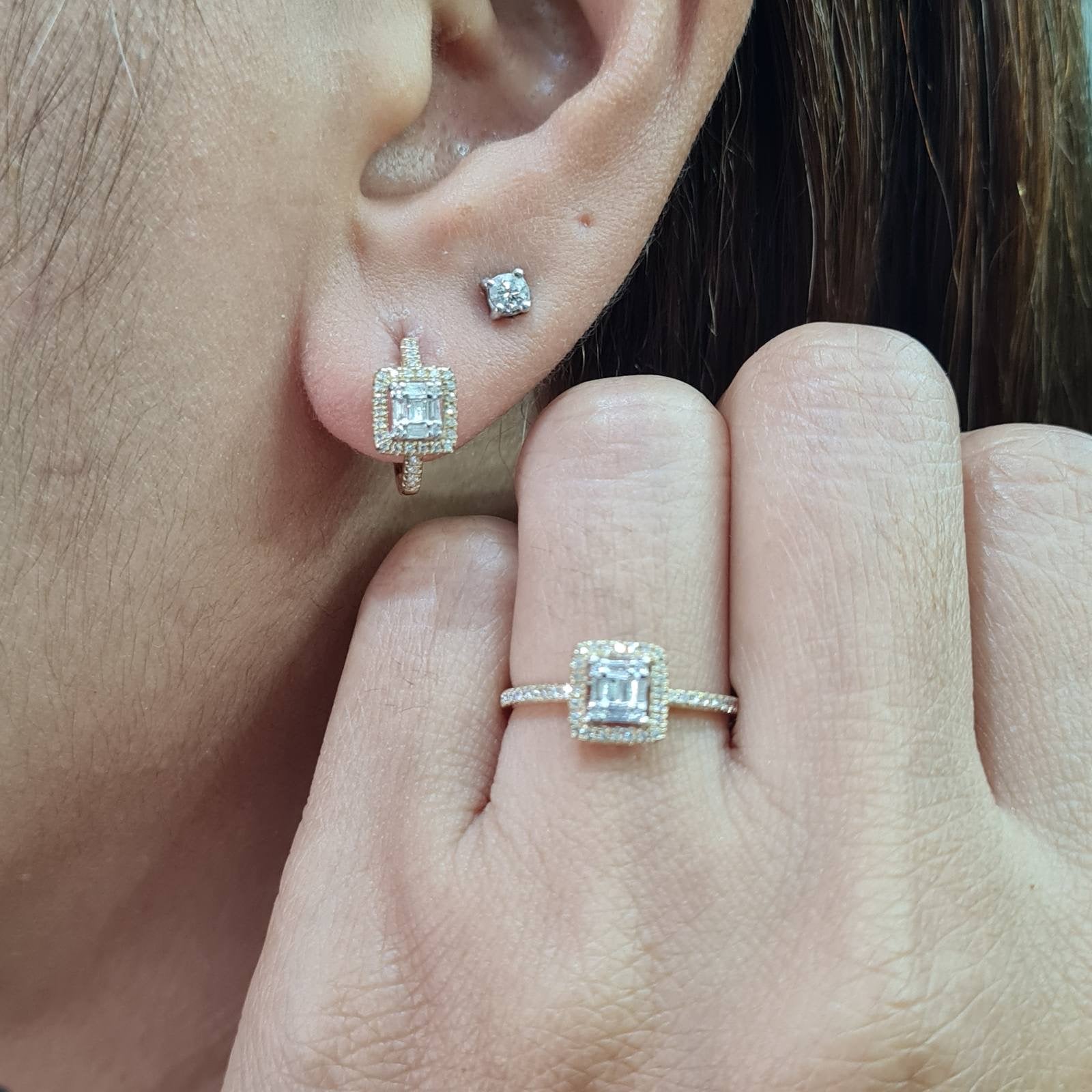 Classic Square Hoop Halo Paved Diamond Jewelry Set 14K