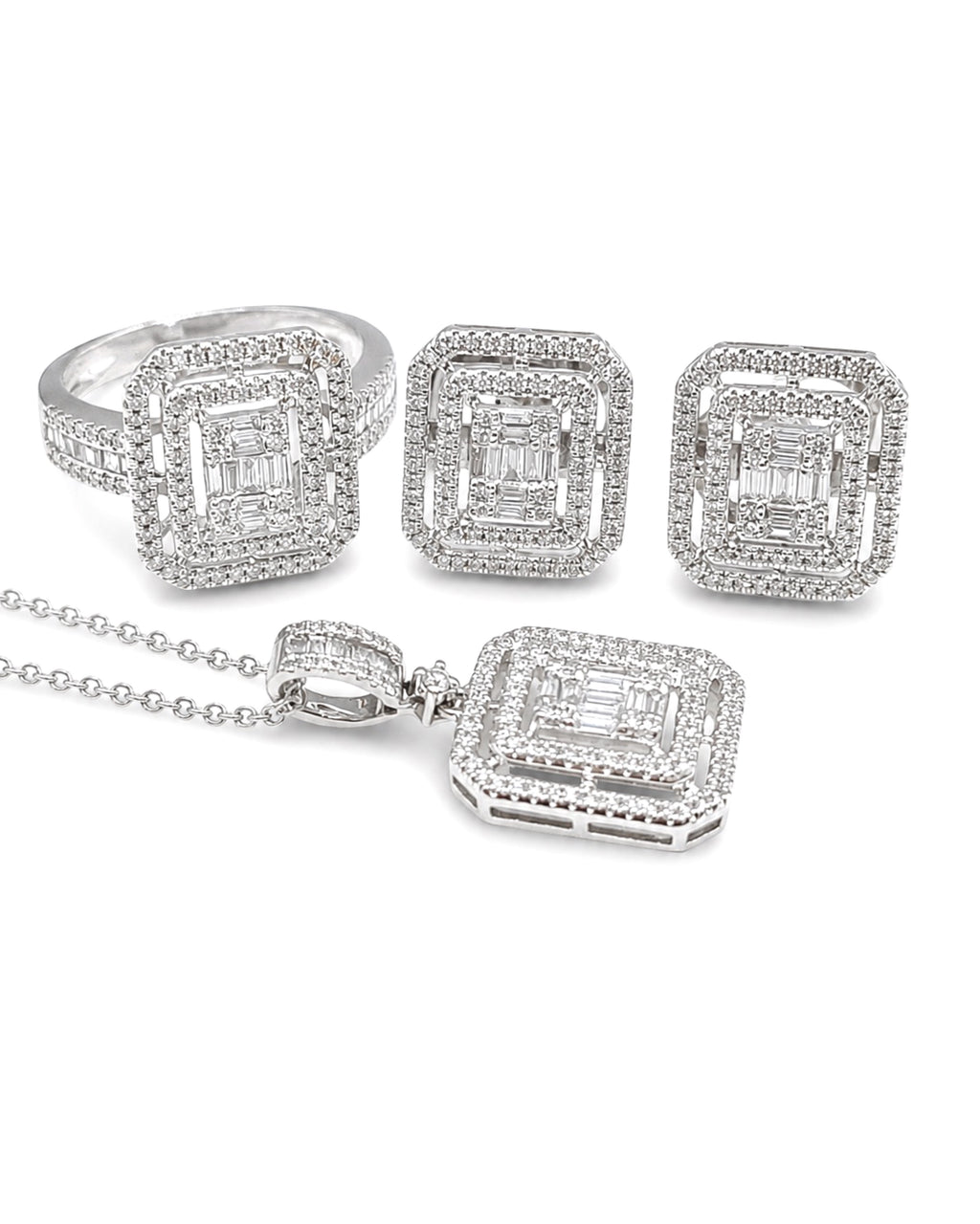 Classic Emerald Baguette Double Halo Diamond Jewelry Set 14K