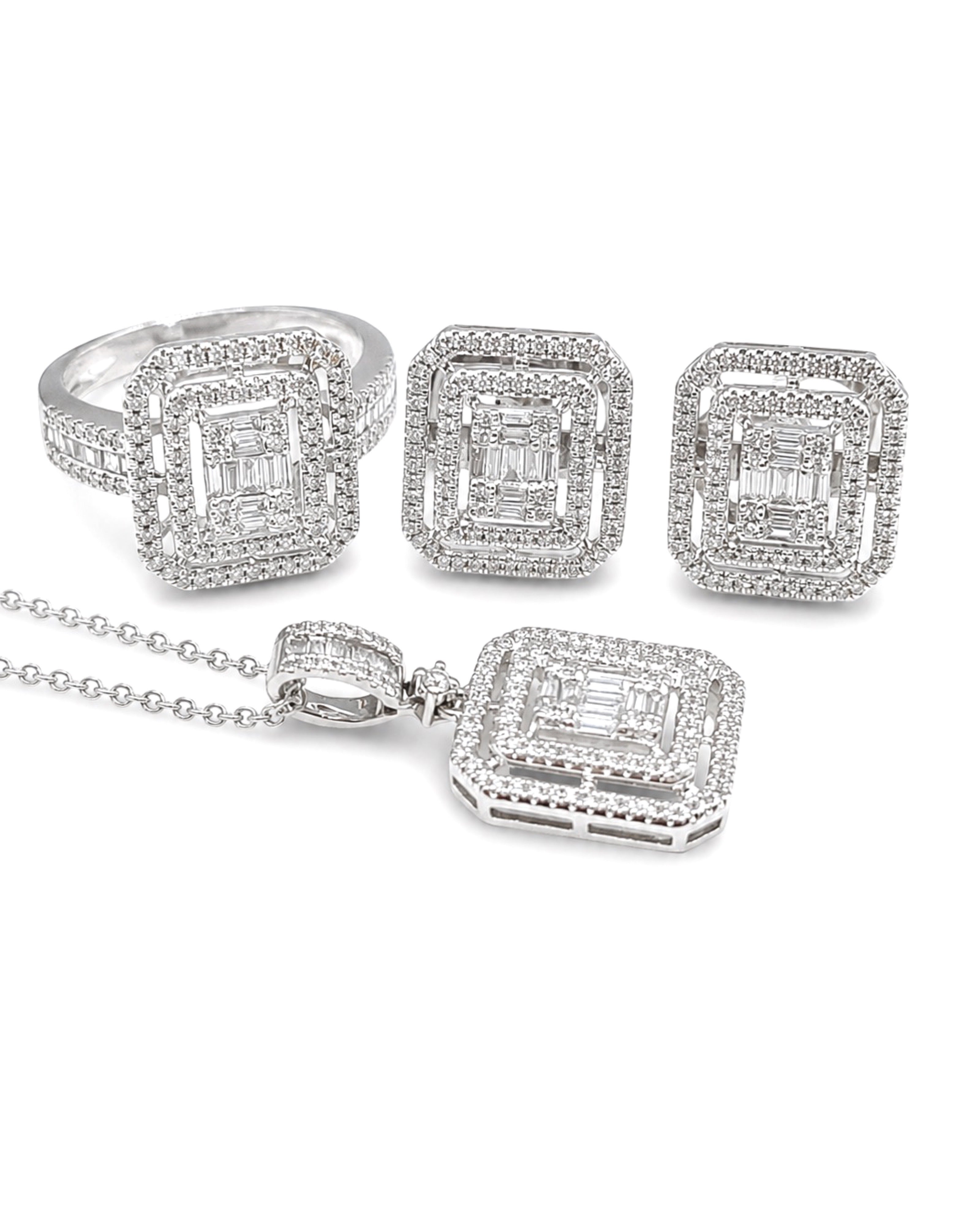 Classic Emerald Baguette Double Halo Diamond Jewelry Set 14K