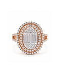 Classic Oval Baguette Double Halo Paved Rosegold Diamond Ring 18K