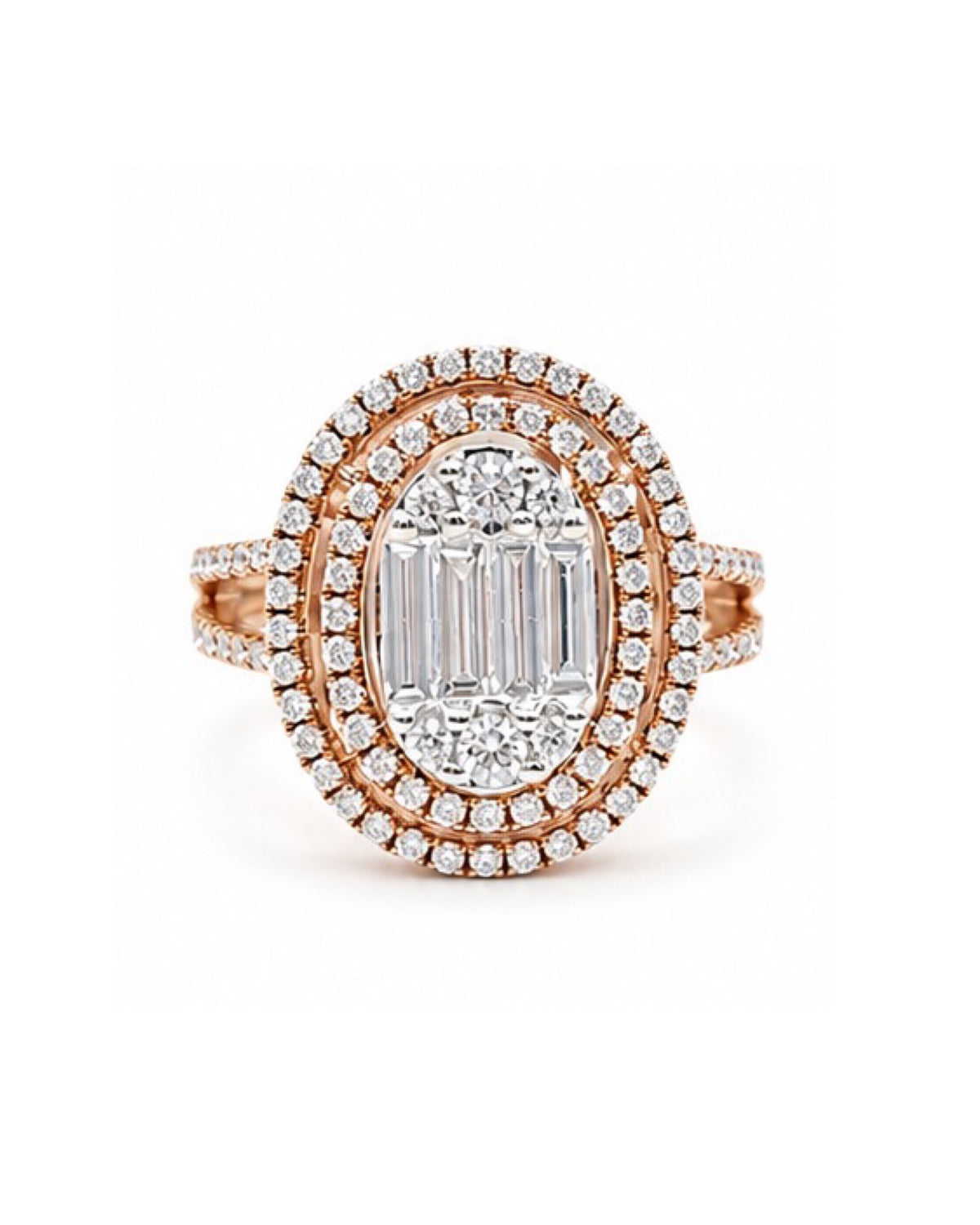 Classic Oval Baguette Double Halo Paved Rosegold Diamond Ring 18K