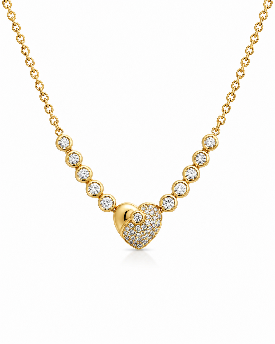 Classic Heart Center Piece Golden Beaded Diamond Necklace 18K