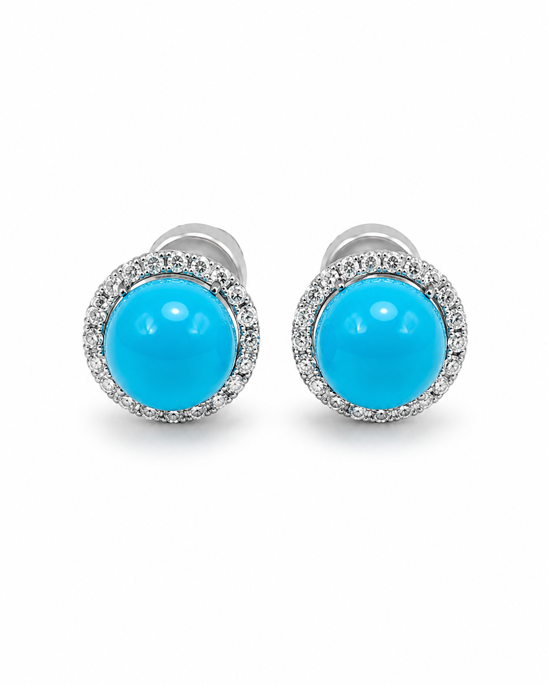 Turquoise Gemstones Round Halo Stud Diamond Earrings Platinum