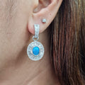 Turquoise Gemstone Oval Baguette Dangle Hoop Diamond Earrings 14K
