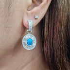 Turquoise Gemstone Oval Baguette Dangle Hoop Diamond Earrings 14K