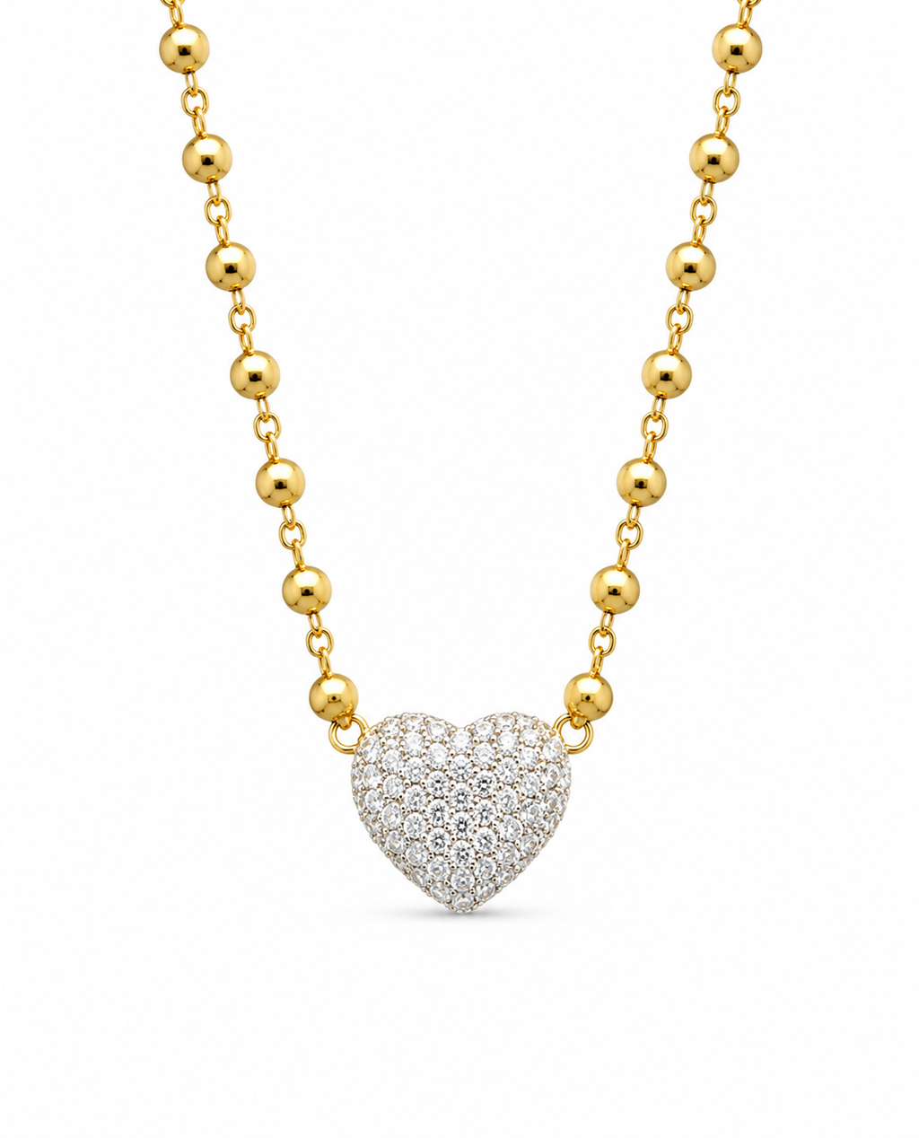 Classic Heart Golden Running Ball Chain Diamond Necklace 14K