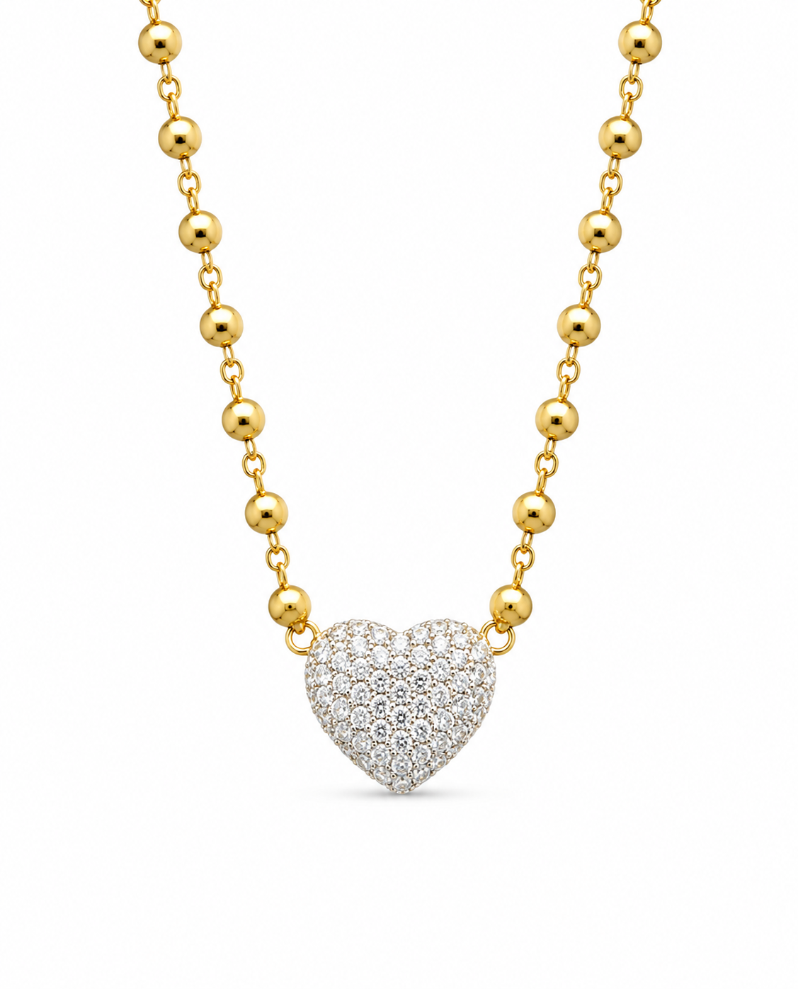 Classic Heart Golden Running Ball Chain Diamond Necklace 14K