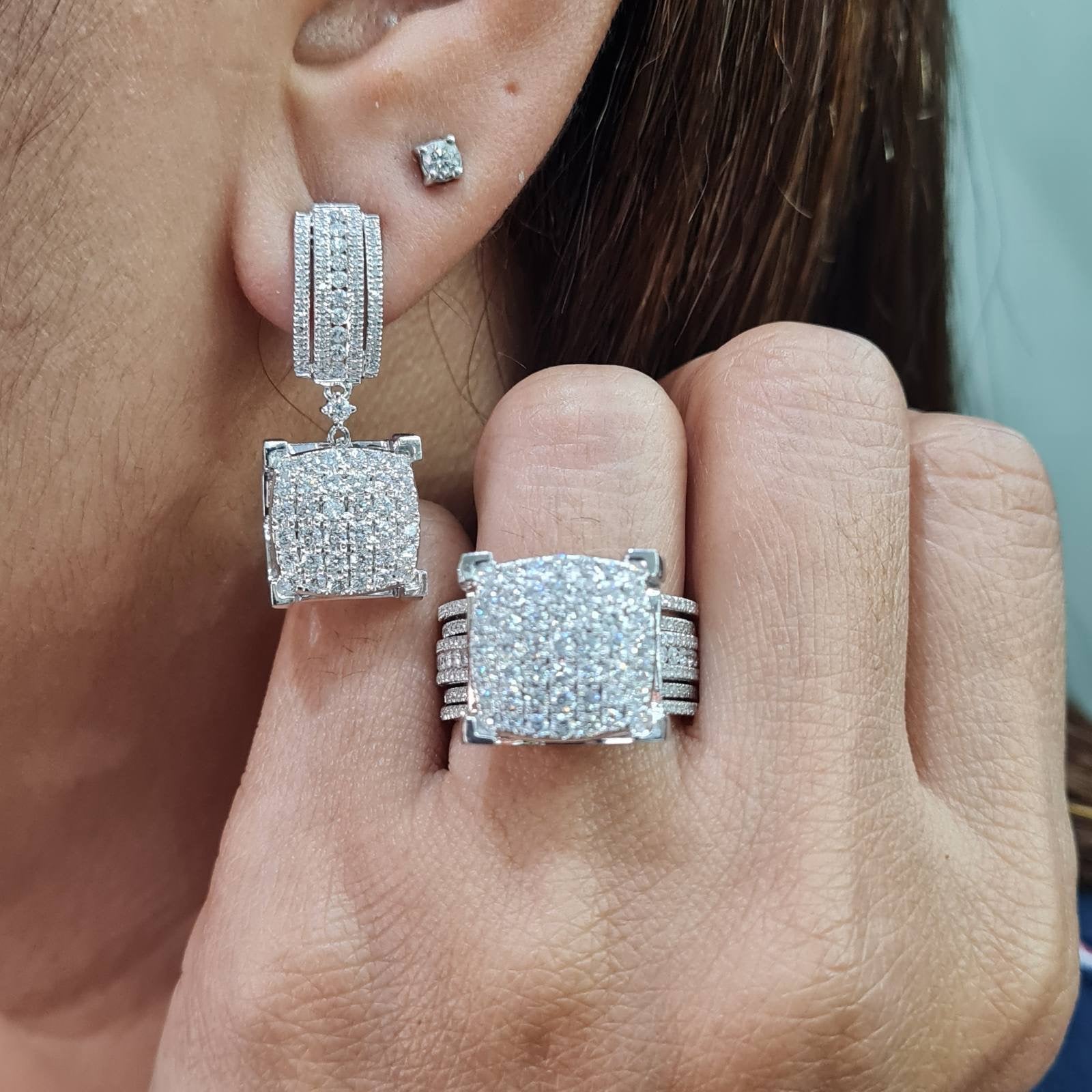 Cushion Paved Dangling Statement Diamond Jewelry Set 14K