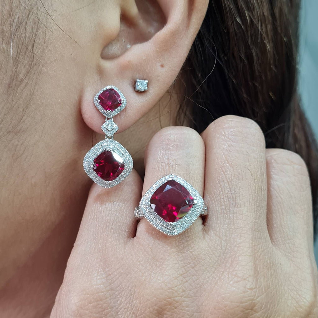 Cushion Red Ruby Gemstones Diamond Jewelry Set 14K