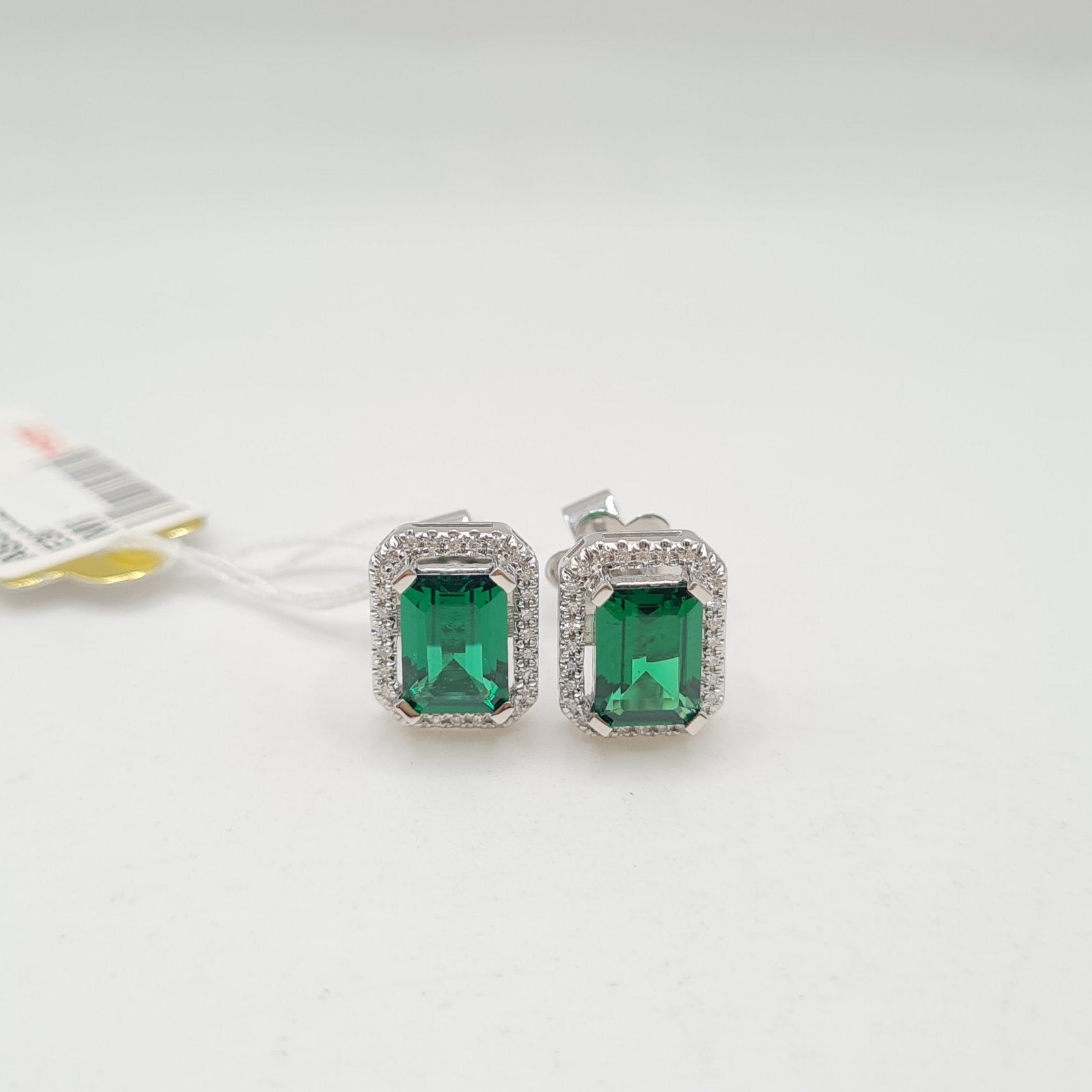 XX Green Emerald Gemstones Halo Stud Diamond Earrings 14K