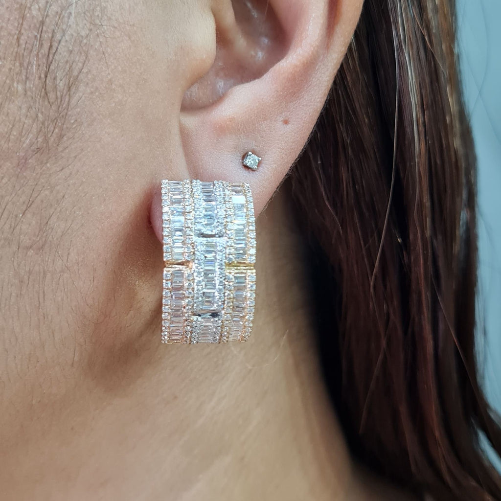 Classic Three Tone Baguette Half Eternity Huggie Hoop Diamond Earrings 18K