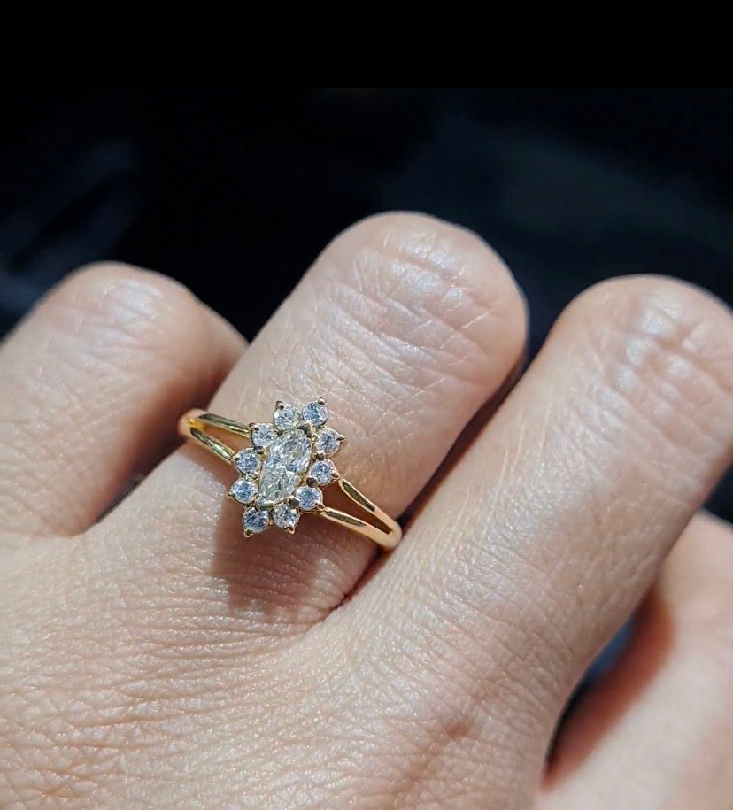 Classic Golden Marquise Solitaire Diamond Ring 14K