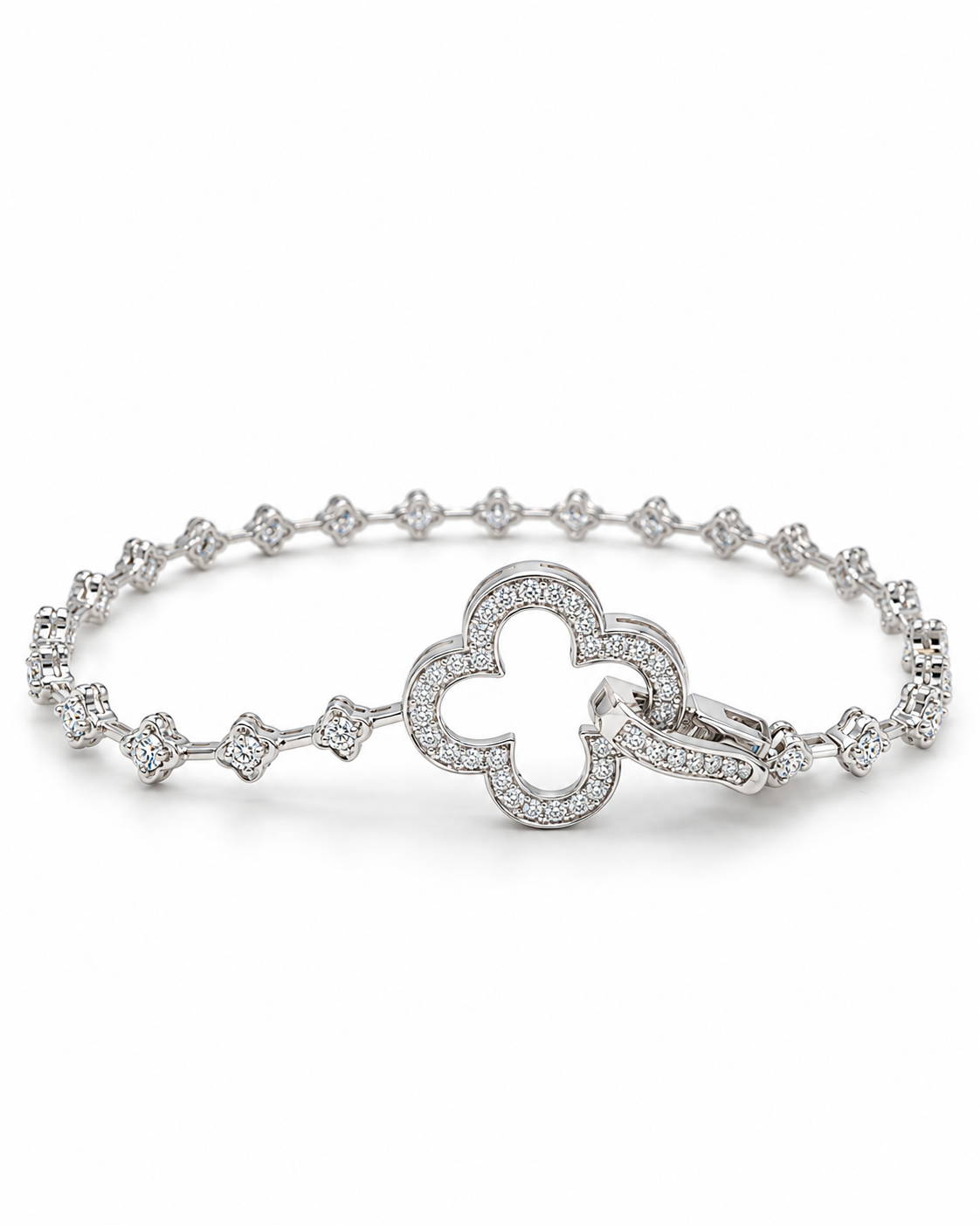 Classic Clover Clip Tennis Diamond Bracelet 14K