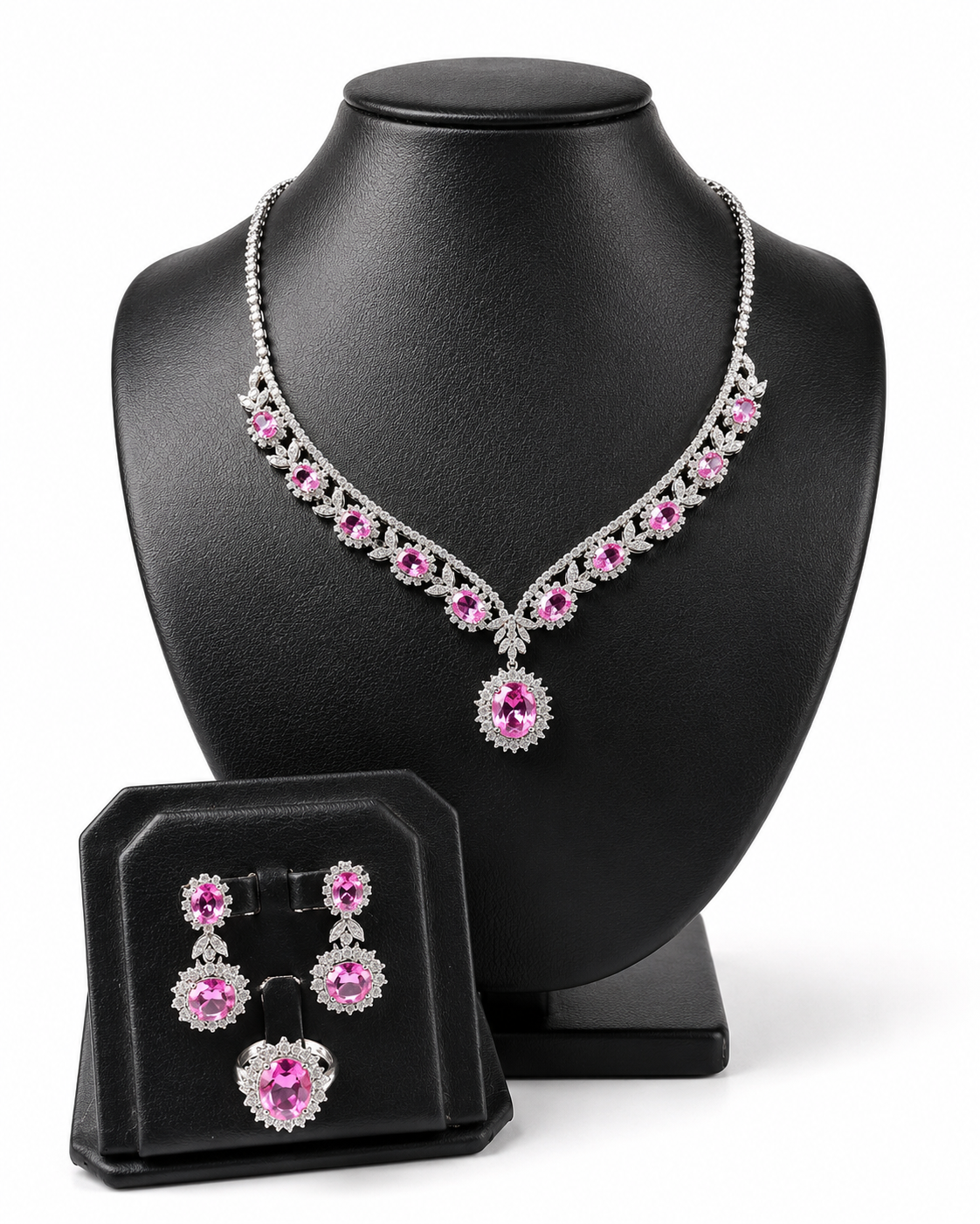 Pink Sapphire Gemstones Floral Dangling Diamond Jewelry Set 14K