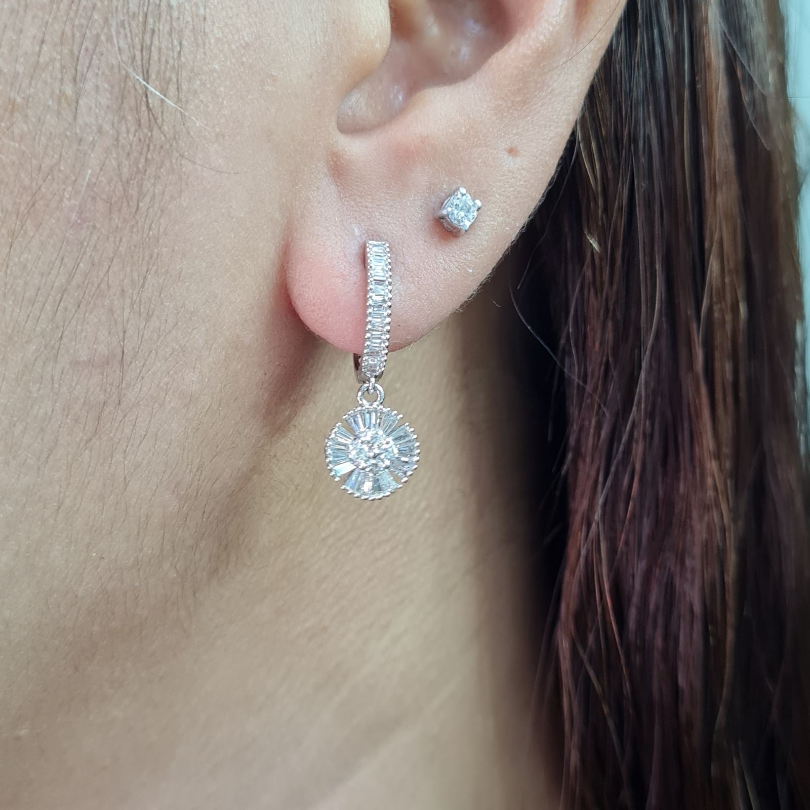 Classic Round Baguette Dangling Hoop Diamond Earrings 18K