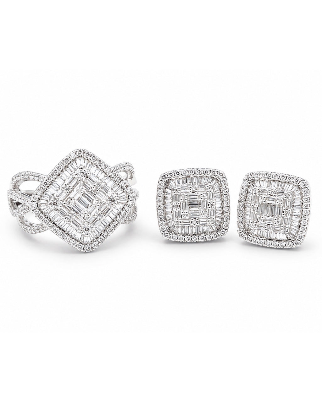 Classic Square Baguette Paved Stud Diamond Jewelry Set 14K