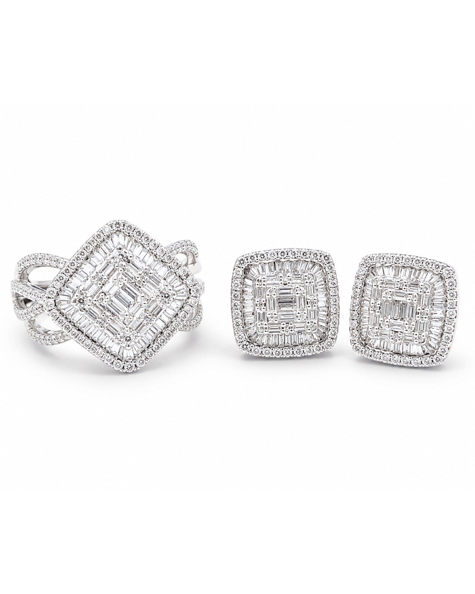 Classic Square Baguette Paved Stud Diamond Jewelry Set 14K