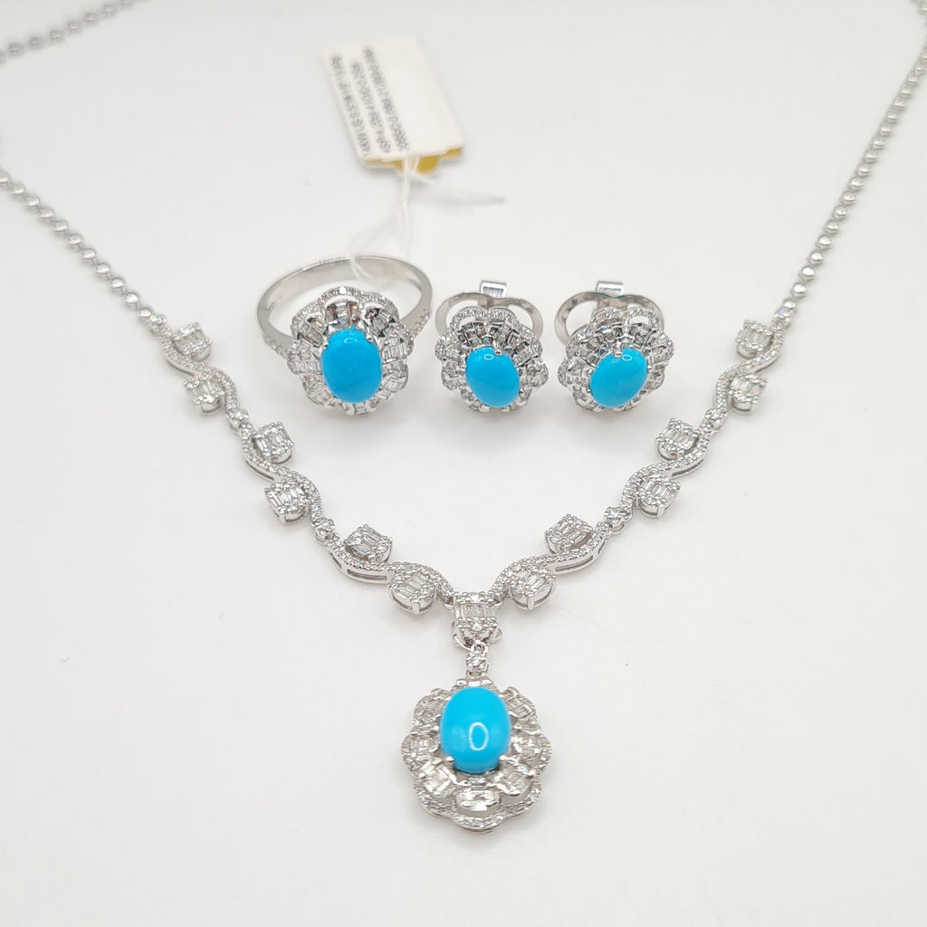 Turquoise Gemstones Floral Cluster Halo Diamond Jewelry Set 14K