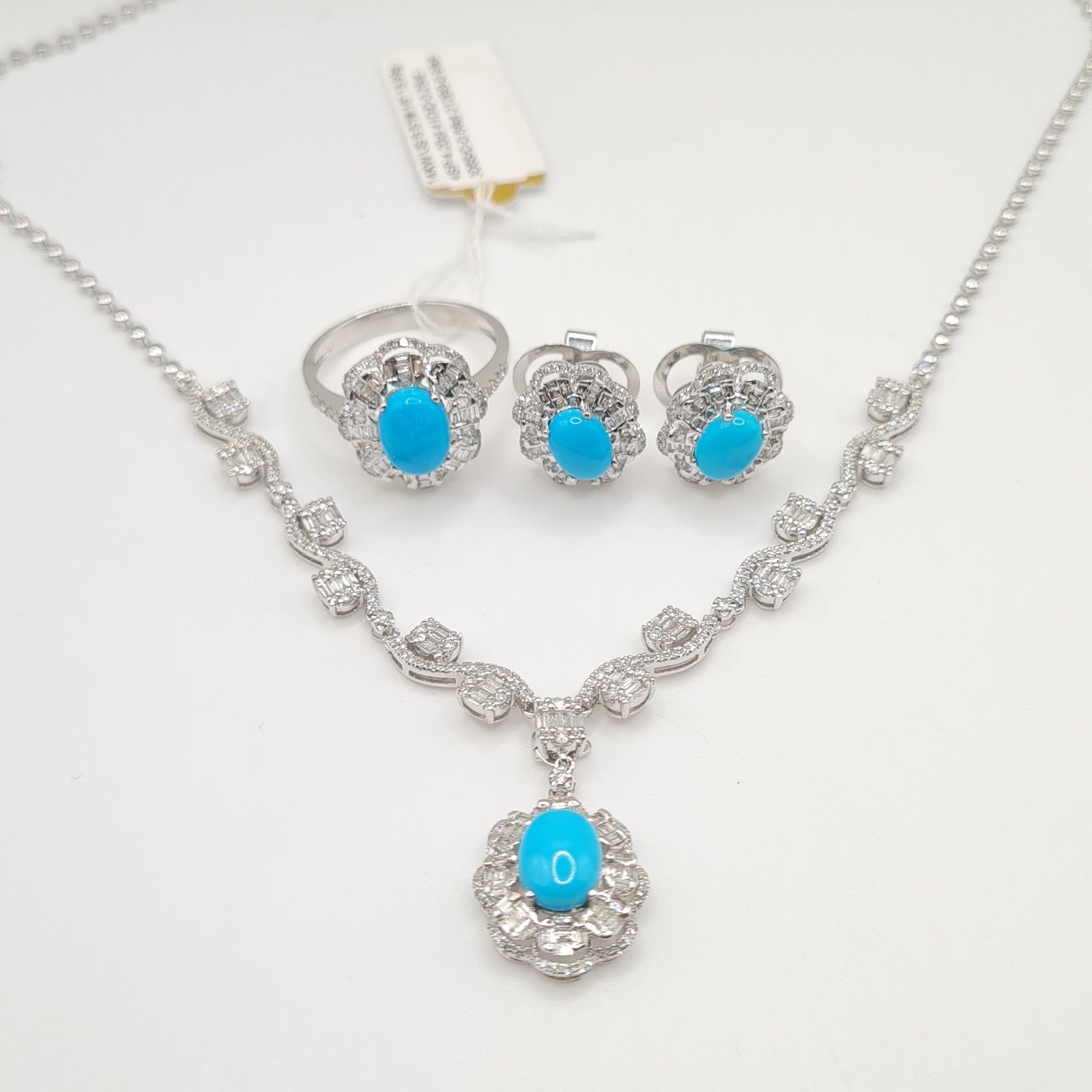 Turquoise Gemstones Floral Cluster Halo Diamond Jewelry Set 14K