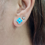 Turquoise Gemstones Round Clover Diamond Earrings 14K