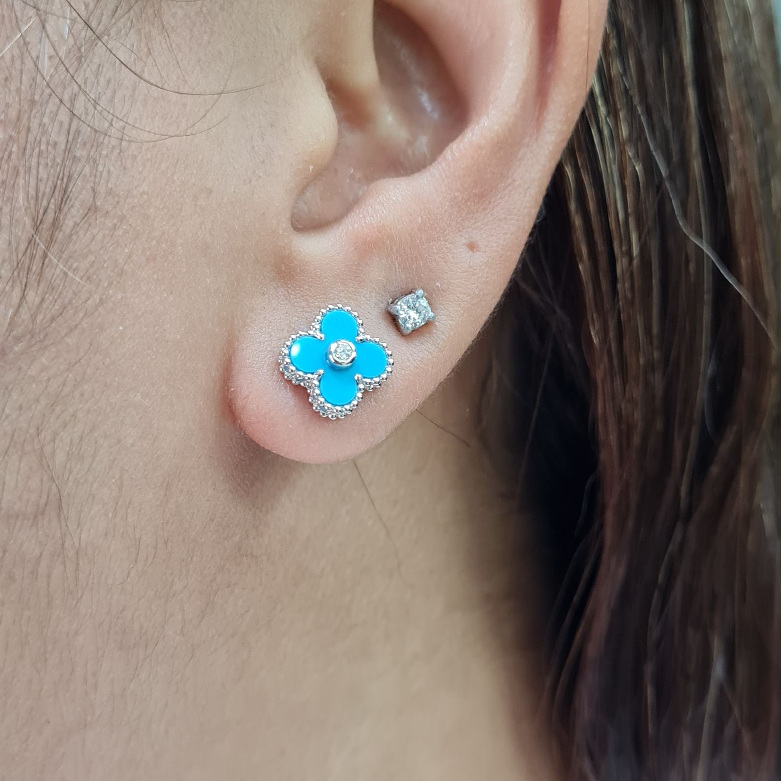 Turquoise Gemstones Round Clover Diamond Earrings 14K