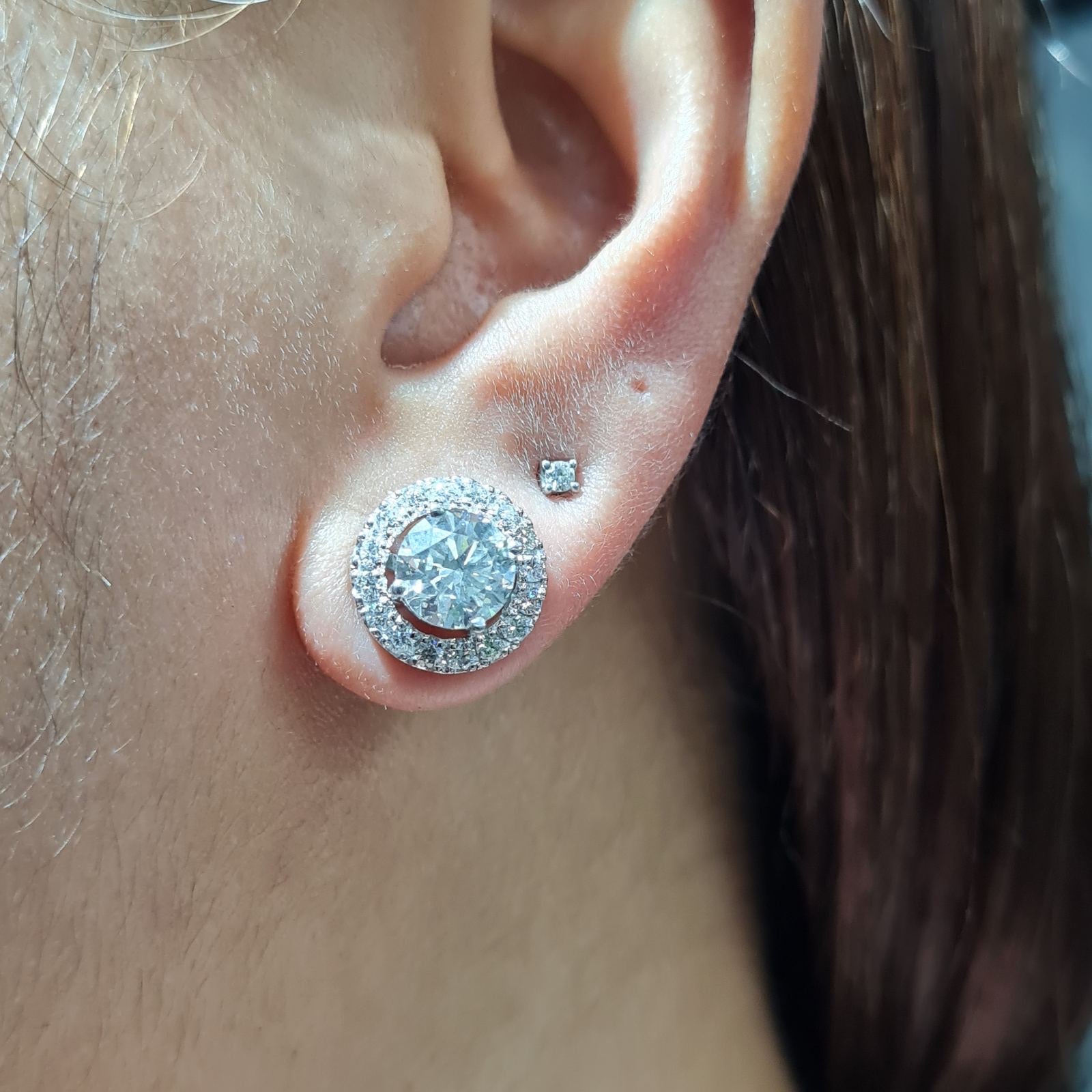 Classic 3cts Round Halo Paved Diamond Earrings 18K GIA