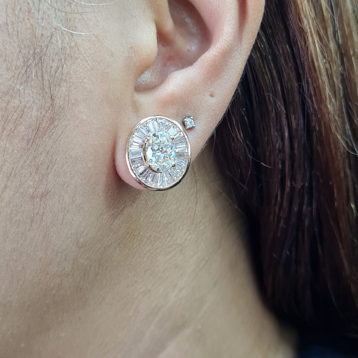 Classic 3cts Oval Halo Solitaire Rosegold Stud Diamond Earrings 18K