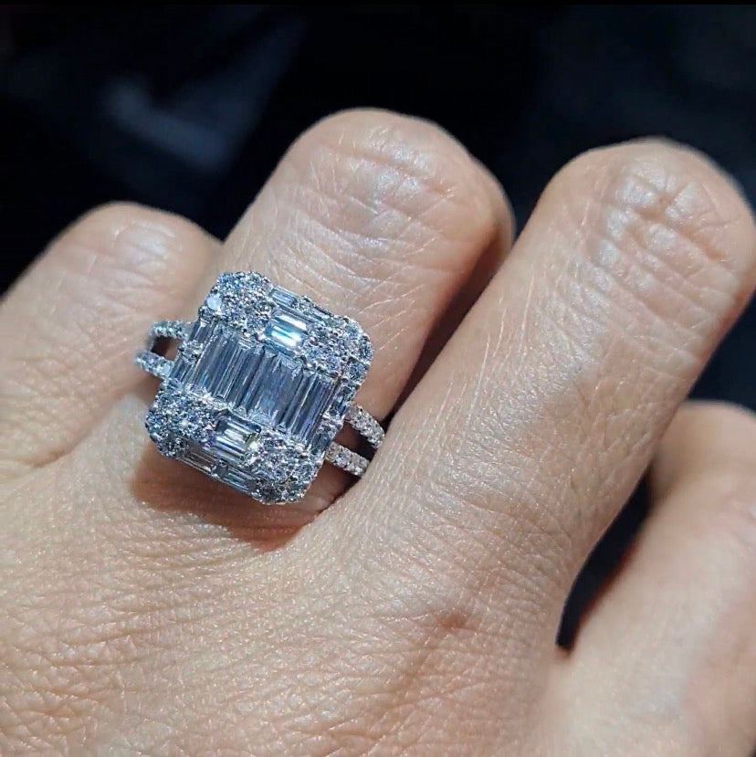 Classic Emerald Baguette Paved Statement Diamond Ring 18K