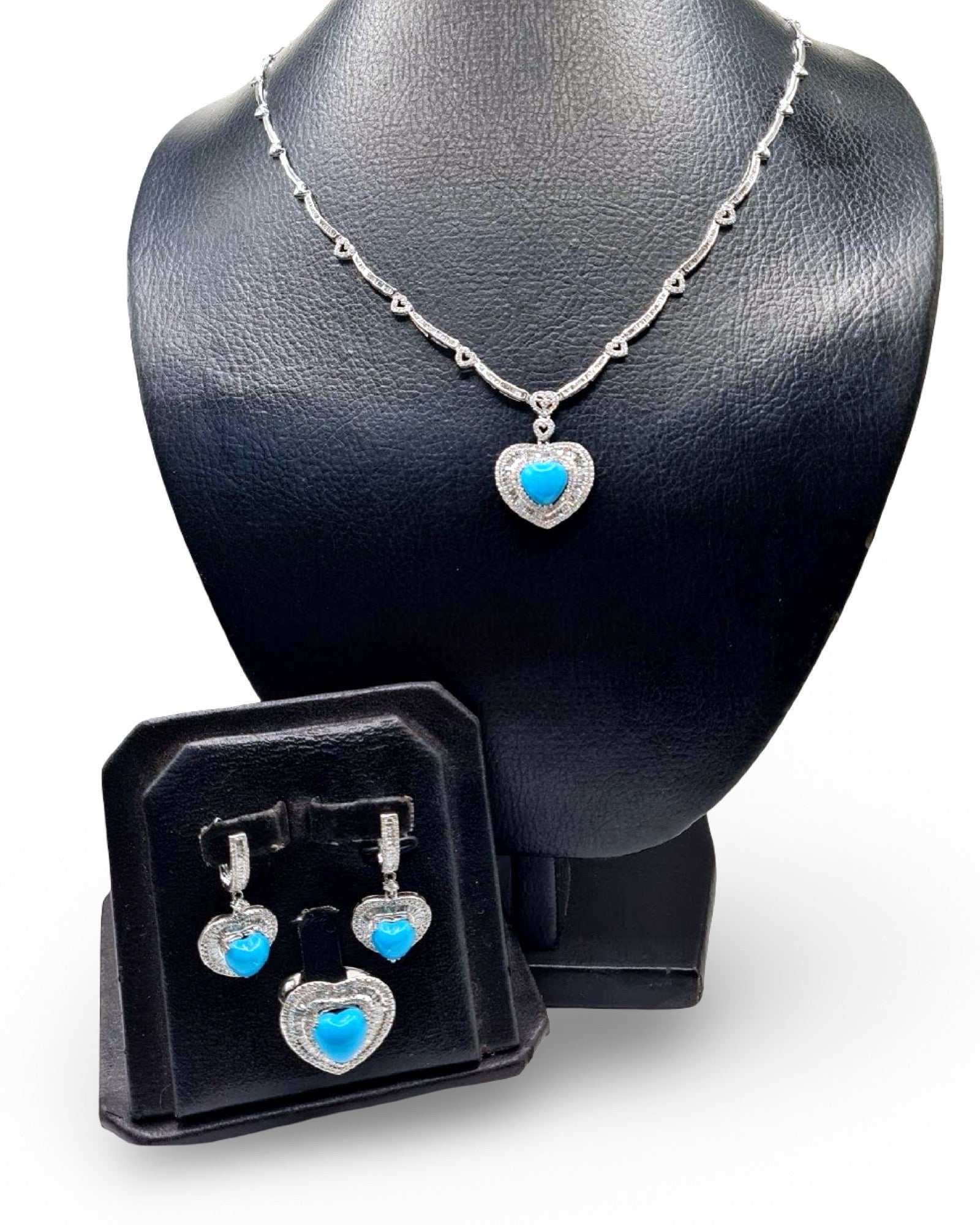 Heart Turquoise Gemstones Halo Dangling Diamond Jewelry Set 14K