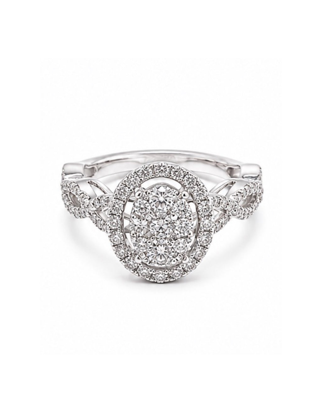 Classic Oval Round Halo Paved Diamond Ring 18K