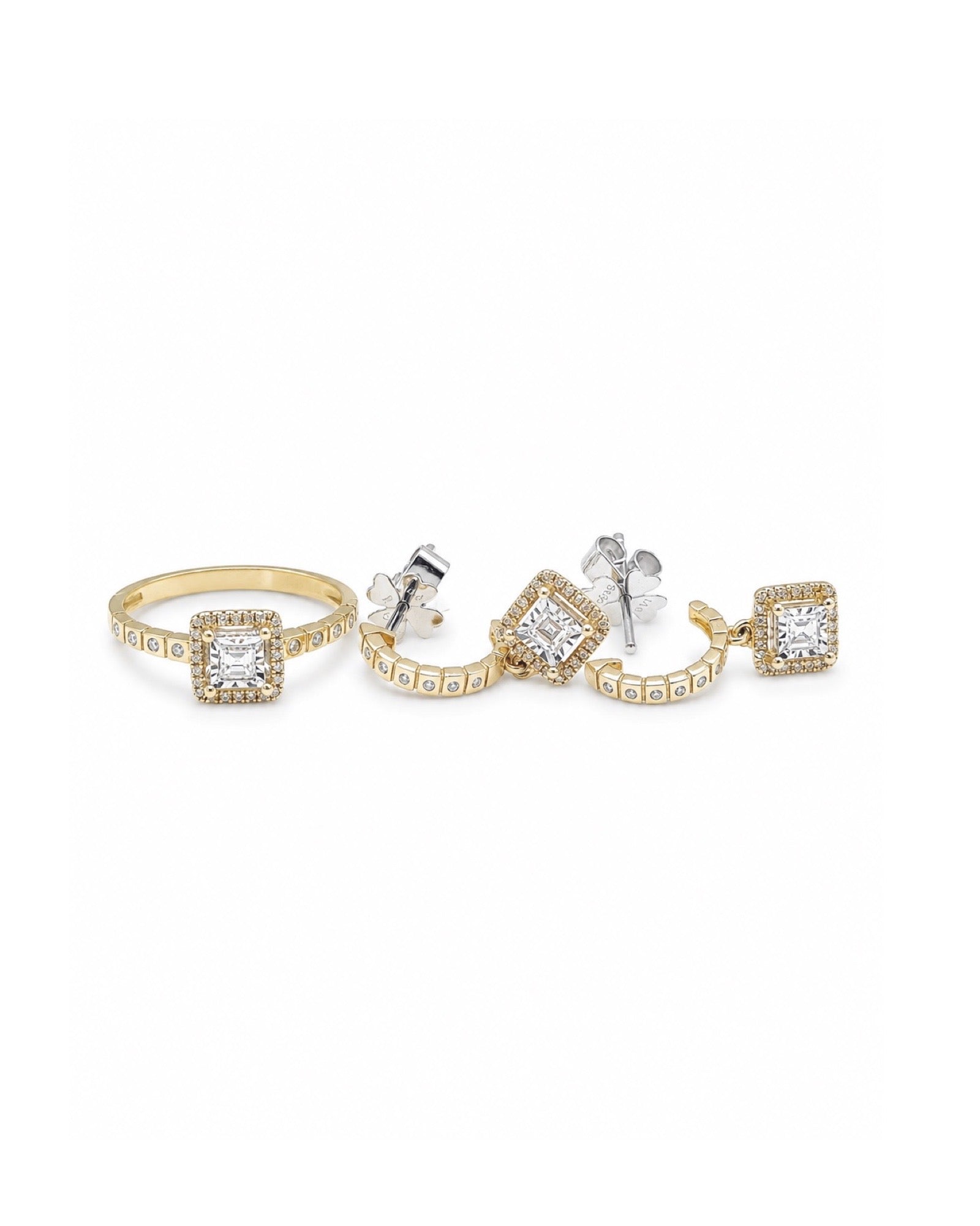 Classic Cushion Halo Dangle Paved Golden Diamond Jewelry Set 14K